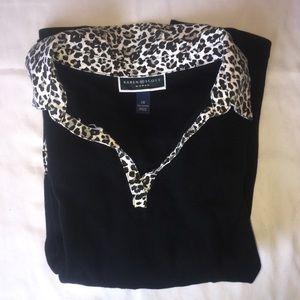 Women’s black dress shirt.